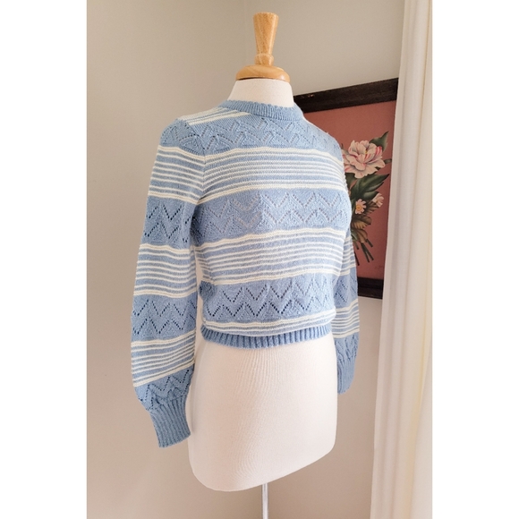 70s Pointelle Long Sleeve Cutwork 1970s Vintage Blue Striped Vintage Sweater - Picture 2 of 16